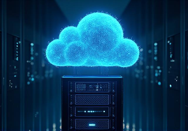 Futuristic neon cloud data center visualization