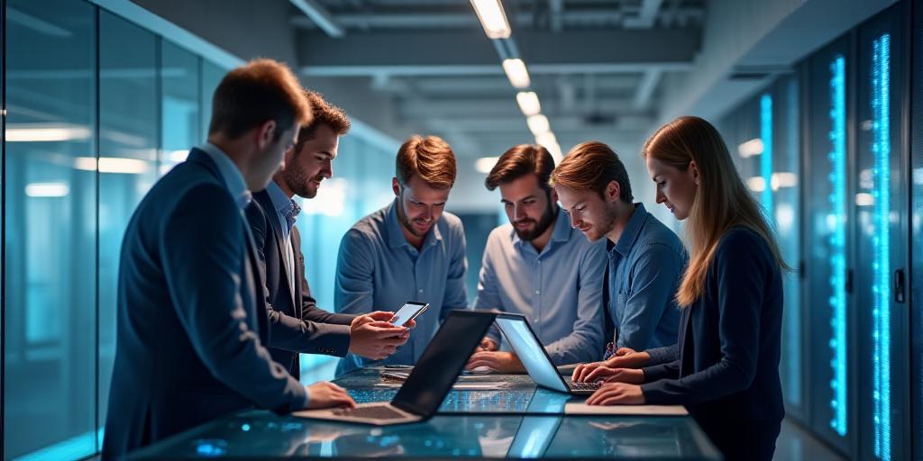 Team of IT professionals collaborating on a secure server infrastructure